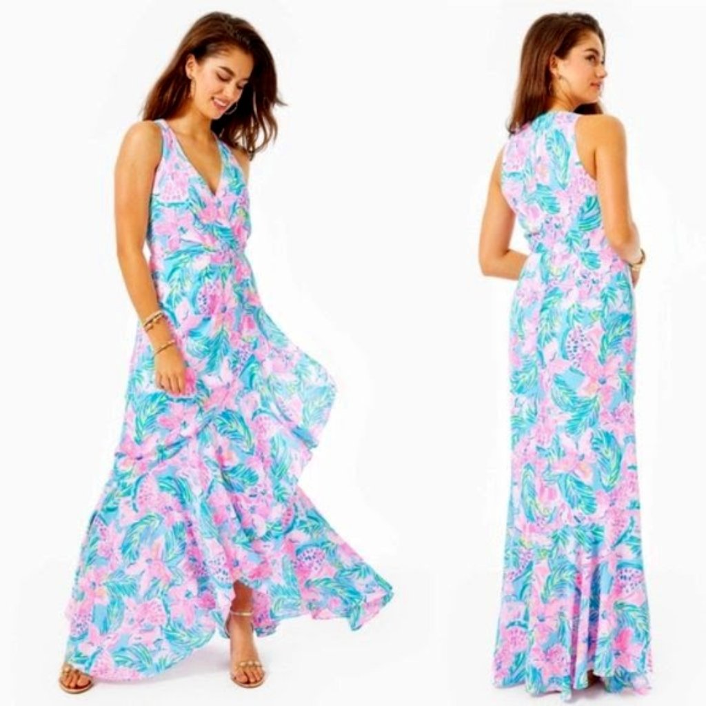 Lilly Pulitzer - Nwot Taylee Flounce Maxi Dress Blue Ibiza Gimme The Juice - 10